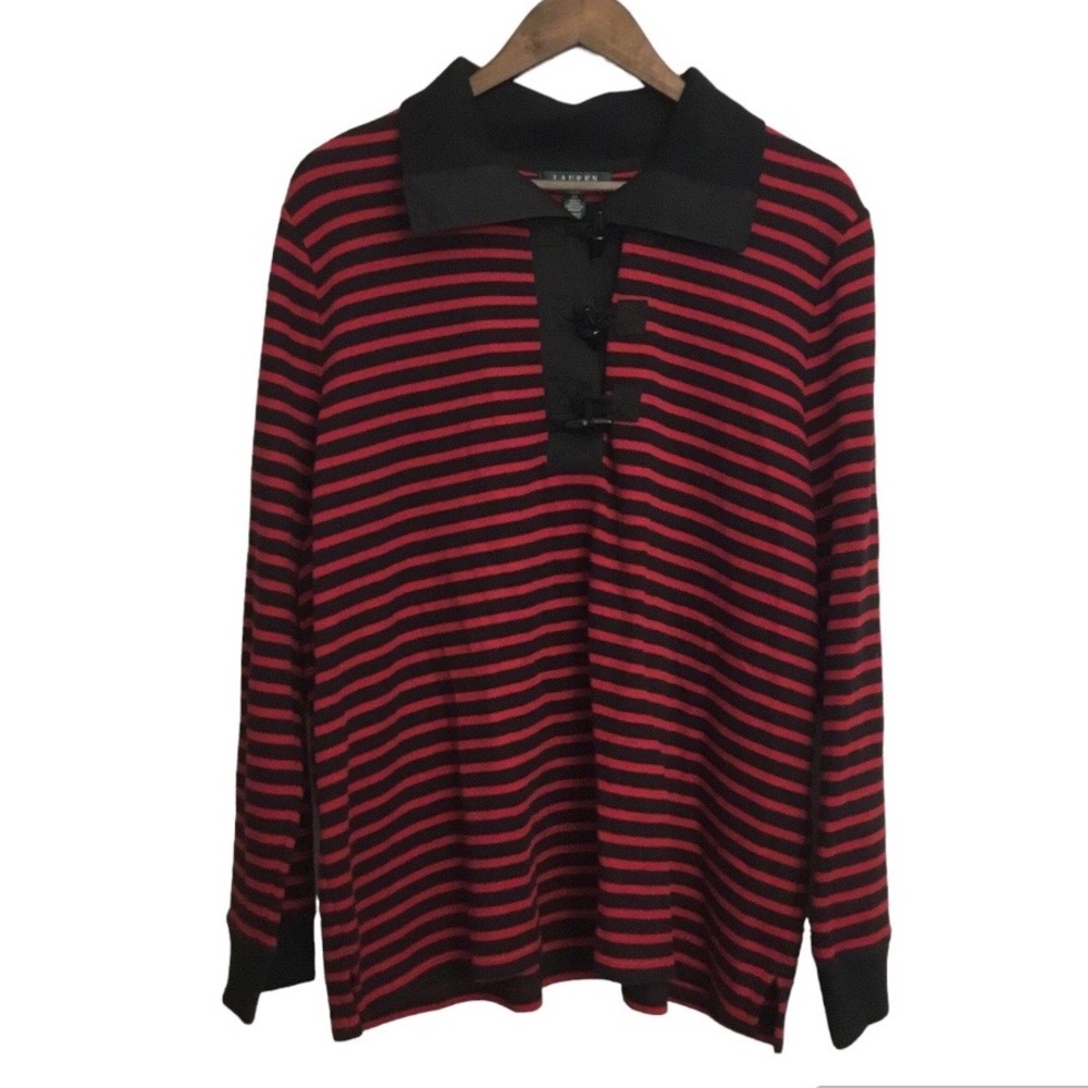 Lauren Ralph Lauren Red And Black Striped Collared Ribbed Sweater Size 2…